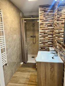 un baño con lavabo y ducha en Pensión KM73 CAMINO PRIMITIVO Ferreira - Lugo, en Palas de Rei 