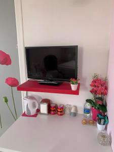 a flat screen tv sitting on a red shelf at Les Grillettes in Ploërmel