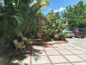 a patio with chairs and trees and a parking lot at Villa rozenuda in El Higo