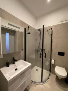 y baño con ducha, lavabo y aseo. en Ferien Mittendrin - Ferienwohnung 9, en Schwerin