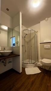 a bathroom with a shower and a toilet and a sink at Hotel Gifhorn INN in Gifhorn
