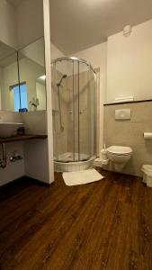 uma casa de banho com um chuveiro, um WC e um lavatório. em Hotel Gifhorn INN em Gifhorn