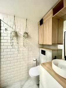 a bathroom with a toilet and a sink at City Break Smocza Jama Apartment in Kraków