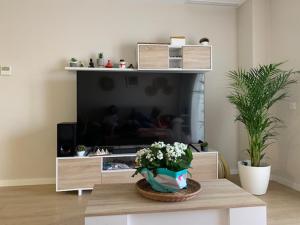sala de estar con TV y mesa con flores en Bajo con jardin en primera línea de playa, en Málaga