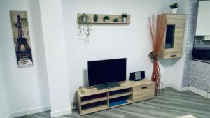 sala de estar con TV de pantalla plana en un soporte en Apartamento Centro NOVORT, en Gijón