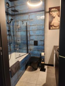 La salle de bains est pourvue d'une douche et de toilettes. dans l'établissement A charming loft in the heart of KRAKÓW with free parking, à Cracovie