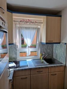 a kitchen with a sink and a window at Weißenspring 