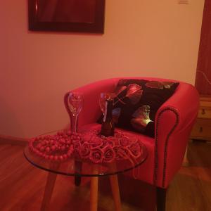 un sofá rojo con una mesa con rosas y copas de vino en LOV APARTAMENT, en Kościelisko