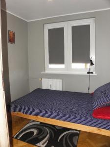 a bedroom with a bed and two windows at Apartament „STARY RYNEK” Słupsk in Słupsk