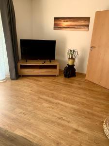 een woonkamer met een flatscreen-tv op een standaard bij Ferienwohnung „Landidylle“ in Stemwede