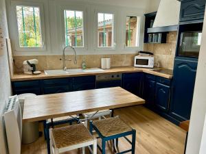 a kitchen with blue cabinets and a wooden table at Maison de vacances in Olonne-sur-Mer