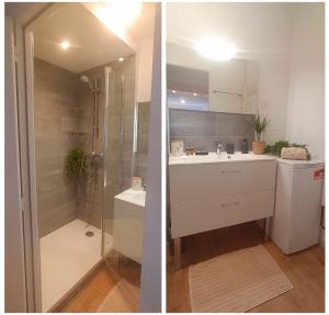 2 fotos de un baño con lavabo y ducha en Appartement neuf - 3 chambres - 6 personnes - 73m² vue sur la ville, en Caen