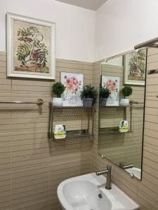 uma casa de banho com um lavatório, um espelho e vasos de plantas em Cute and Cozy Solo 1 bedroom Condo unit in Baguio em Baguio