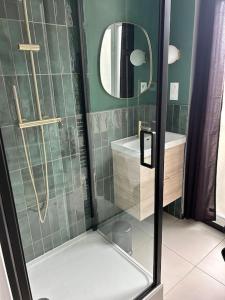 a bathroom with a shower and a sink and a mirror at Terasse avec superbe vue sur le marché de Dieppe in Dieppe +10 photos