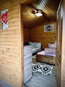 a room with two beds in a wooden cabin at Cabanutele La Denisa in Dubova