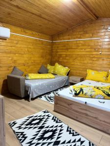 a room with two beds and a couch in it at Cabanutele La Denisa in Dubova