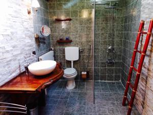 uma casa de banho com um chuveiro, um WC e um lavatório. em Swanlake Villa em Meina