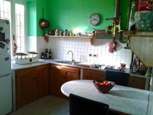 Swanlake Villa في ماينا: مطبخ بجدران خضراء وطاولة مع وعاء من الفواكه