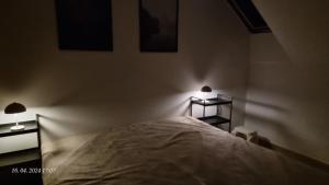 Un dormitorio con una cama blanca con dos luces. en Turecka 49 en Nové Zámky