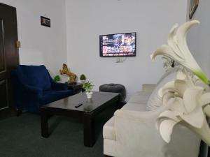 a living room with a couch and a coffee table at Syedah 's Homestay in Lahore