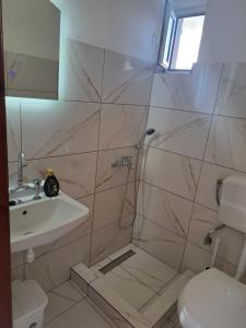 a bathroom with a shower and a sink and a toilet at STUDIOS MONA in Agios Georgios
