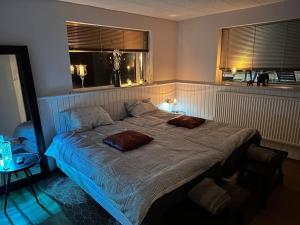 1 dormitorio con 1 cama grande y 2 almohadas en Stylish Apartment Retreat Near Downtown en Reikiavik