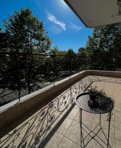 a balcony with a table and a view of trees at Varosi Apartment in Komotini