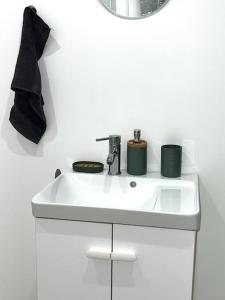 Un lavabo blanco con dos tazas verdes. en Bucolique & Cosy studio, en Amblainville
