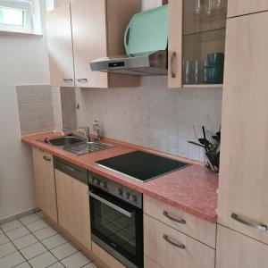 a kitchen with a sink and a counter top at Ferienwohnung STRANDGUT in Behrensdorf