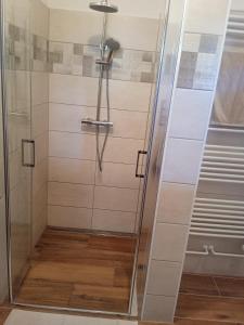 a shower with a glass door in a bathroom at Chalupa Na Polní in Jemnice