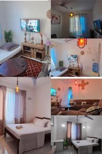 a collage of four pictures of a room at Bamburi One Bedroom Apartment in Mombasa