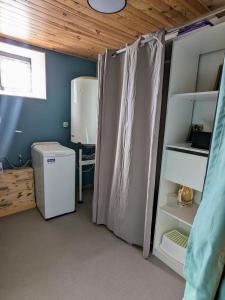 a room with a shower curtain in a room at La maison du 146 in Flavin