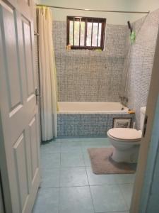 een badkamer met een bad, een toilet en een wastafel bij Sue's Place in Paramaribo