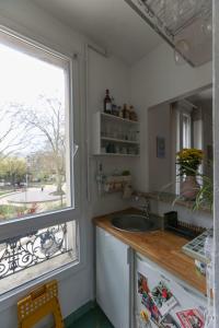 een keuken met een wastafel en een raam bij Cozy two-room apartment in Montreuil in Montreuil