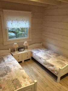 a bedroom with two beds and a window at Blockhaus Edelweiss in Rieden