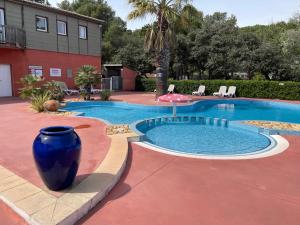 a large blue vase sitting next to a swimming pool at Chalet T3 4/6 personnes à Agde in Agde
