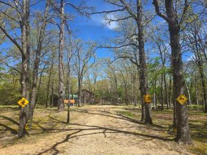 uma estrada de terra numa floresta com sinais em Glamper's Dream - Lakefront Cabin with Mountain View em Clayton