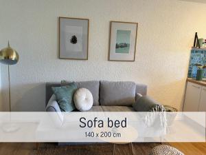 eine Couch in einem Wohnzimmer mit drei Bildern an der Wand in der Unterkunft Fewo Waldgeflüster Wanderwege starten am Haus Panoramabalkon Sauna im Haus Tiefgarage E-Ladestation in Todtnauberg