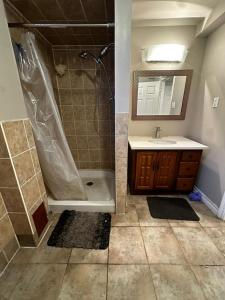 a bathroom with a shower and a sink and a tub at Budget Stay in Kitchener- Near Town Centre- Food, Shopping, Transit in Kitchener