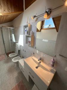a bathroom with a sink and a toilet and a mirror at Casa Garibaldi in Pontremoli