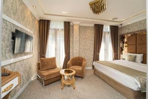 ein Hotelzimmer mit einem Bett, einem Stuhl und einem TV in der Unterkunft Aqua Hotel in Tbilisi City