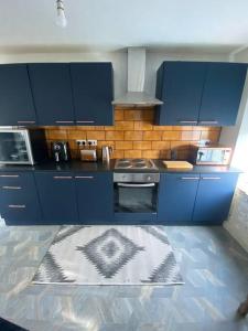 a kitchen with blue cabinets and a kitchen rug at Mountain View in Llwyn-y-pia