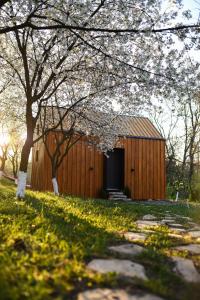 a wooden building in a field with trees at Căsuța din livadă in Măneciu +27 photos