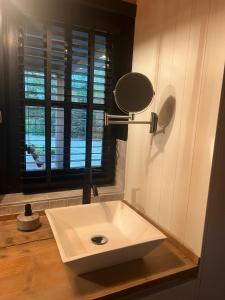 uma casa de banho com um lavatório branco e um espelho. em Casa Fuori em Oirschot