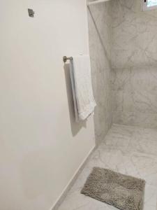 a bathroom with a shower with a towel and a rug at Alojamiento con 4 habitaciones Veracruz in Veracruz