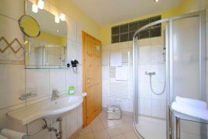 ein Badezimmer mit Dusche, Waschbecken und Badewanne in der Unterkunft Sportpension Goldegg in Goldegg + 53 Fotos