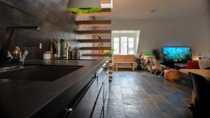 a kitchen with a counter and a living room at Luxury Penthouse in the heart of the City in Copenhagen