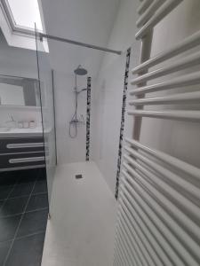 a walk in shower with a glass door in a bathroom at Le Coin Cosy in Saint-Valery-sur-Somme +39 photos