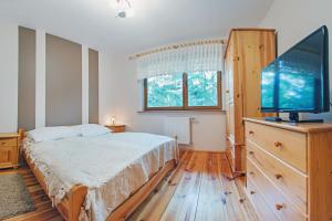 a bedroom with a bed and a flat screen tv at Moniuszki, Sun & Snow in Karpacz