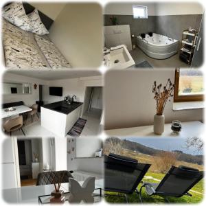 un collage de cuatro fotos de un baño en Freiblick 3 Bad Glbg mit Terrasse Top 3, en Bad Gleichenberg